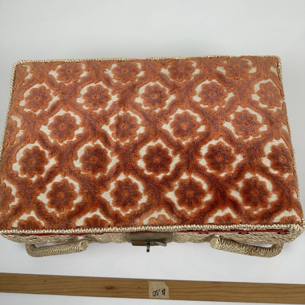 Vtg Japan Woven Wicker Sewing Basket Box Chenille Floral Lid Brass Latch - Picture 13 of 16